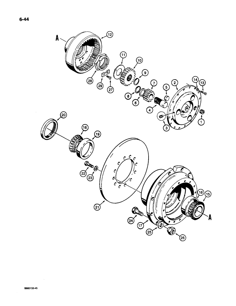 Схема запчастей Case 1085C - (6-44) - REAR DRIVE AXLE, PLANETARY AND HUBS (06) - POWER TRAIN