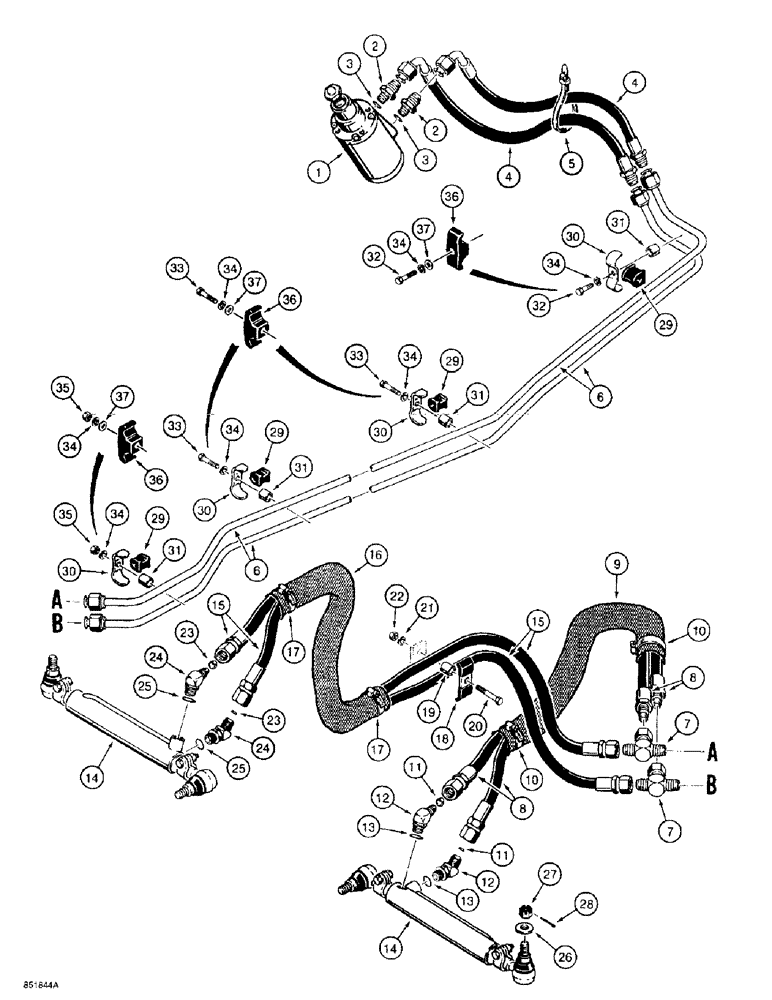 Схема запчастей Case 586E - (5-08) - STEERING HYDRAULIC CIRCUIT, STEERING CONTROL VALVE TO CYLINDERS, FOUR WHEEL DRIVE MODELS (05) - STEERING