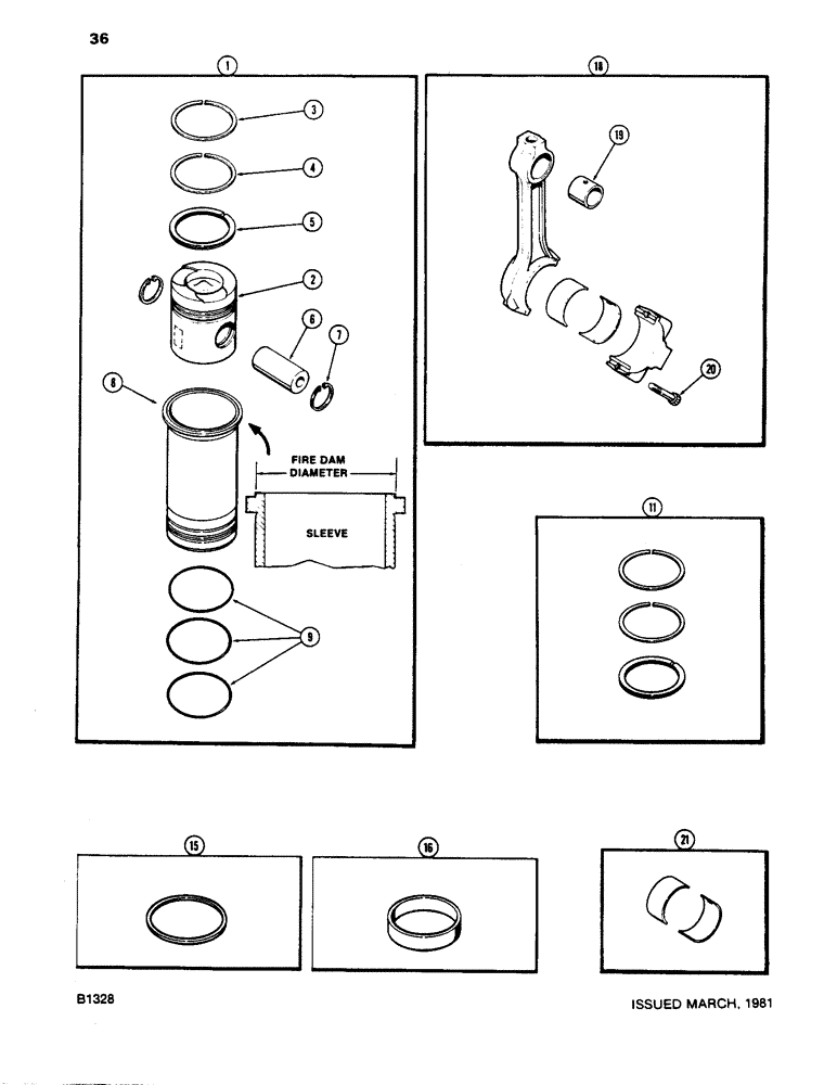 Схема запчастей Case 1450 - (036) - PISTONS AND SLEEVES, WITH 5.189" TO 5.194" FIRE DAM DIA. SLEEVE 504BDT DEISEL ENG (02) - ENGINE