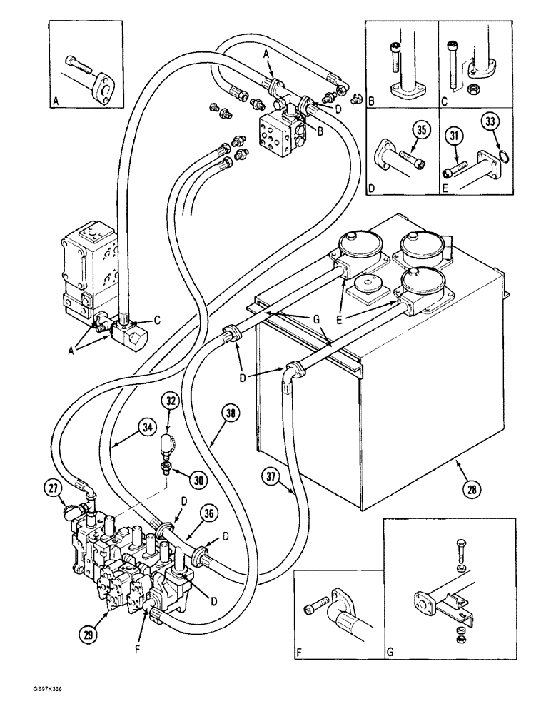 Схема запчастей Case 170C - (8-032) - HYDRAULIC CIRCUIT RETURN LINES, TO FILTERS AT RESERVOIR, P.I.N. 02371 AND AFTER (08) - HYDRAULICS