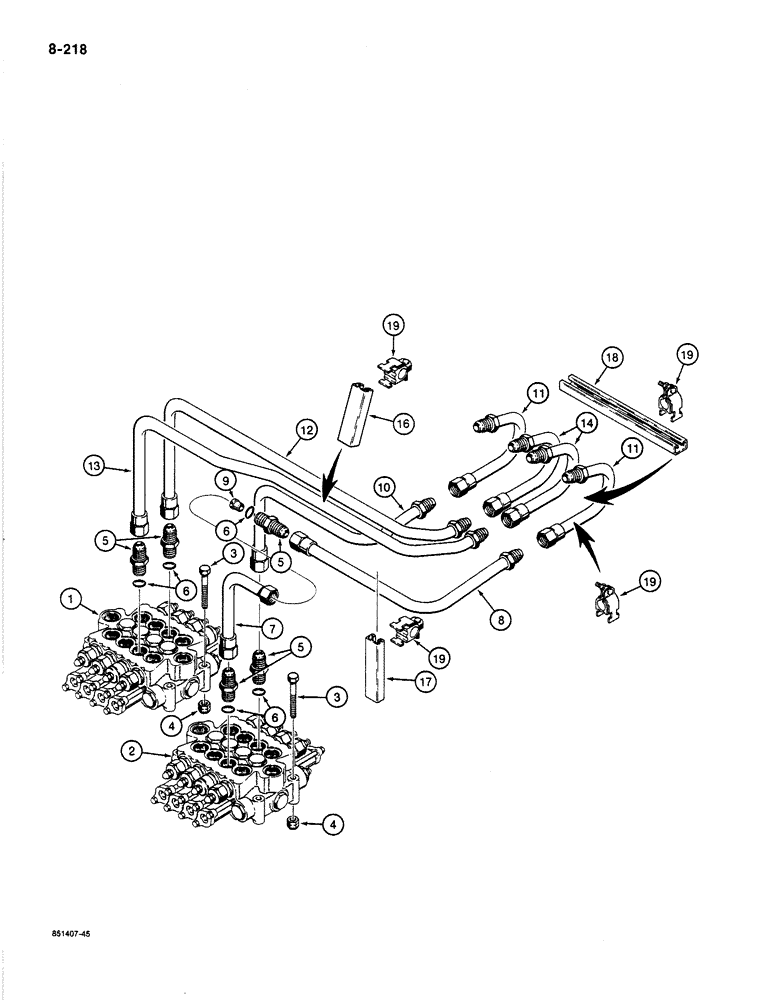 Схема запчастей Case 1187B - (8-218) - ARM AND TOOL CYLINDER CIRCUITS, TUBES FROM CONTROL VALVES AT TURNTABLE (08) - HYDRAULICS