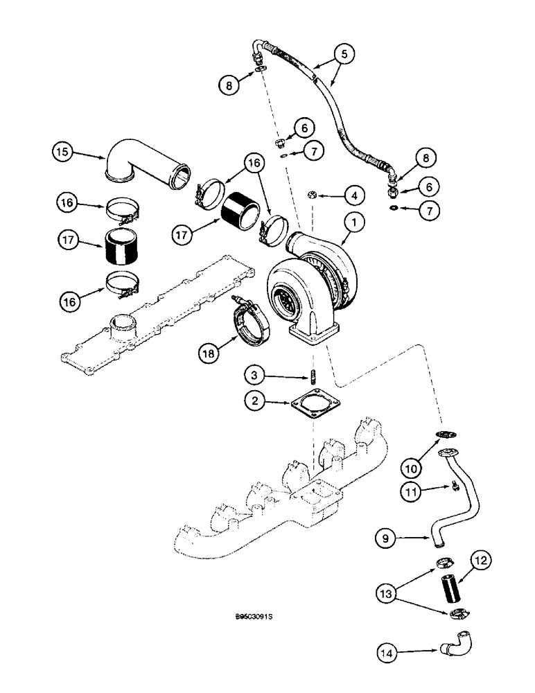 Схема запчастей Case 9040B - (2-32) - TURBOCHARGER SYSTEM, 6T-830 EMISSIONS CERTIFIED ENGINE, P.I.N. DAC04#2001 AND AFTER (02) - ENGINE