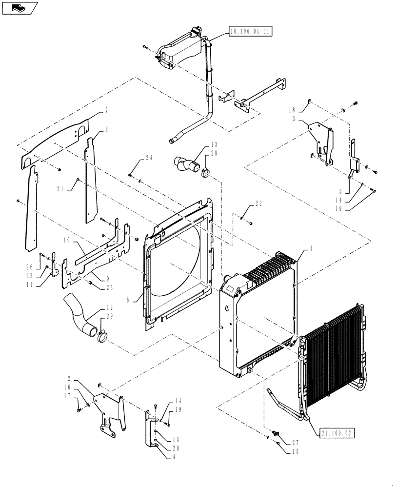 Схема запчастей Case 590SN - (10.406.04[02]) - RADIATOR - MOUNTING (580SN, 580SN WT, 590SN) (10) - ENGINE