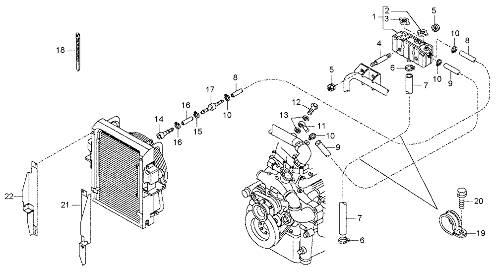 Схема запчастей Case 340B - (04A00000635[001]) - RADIATOR / RESERVOIR COOLING CIRCUIT (87585045) (01) - ENGINE