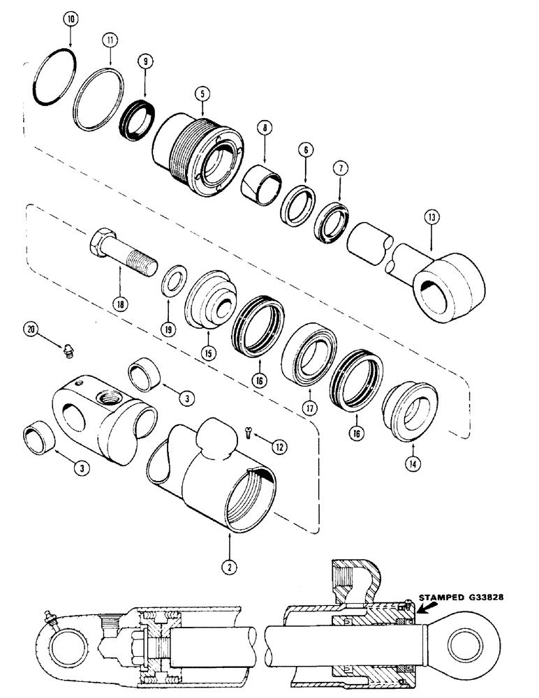 Схема запчастей Case 36 - (70) - G33828 STABILIZER CYL., 4" DIA. CYL. W/ 21-3/8" STROKE GLAND W/CENTER BEARING 