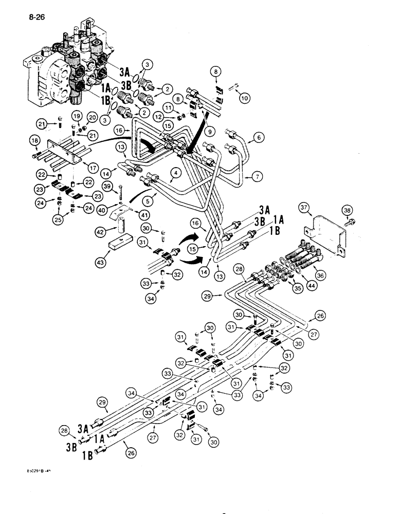 Схема запчастей Case 850D - (8-026) - DOZER TILT AND ANGLE HYDRAULIC CIRCUITS, CONTROL VALVE TO GRILLE (08) - HYDRAULICS