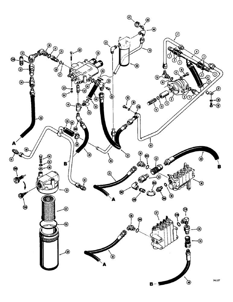 Схема запчастей Case 26B - (033A) - LOADER PRIMARY HYDRAULICS, LOADER SN. 5228720 AND AFTER WITH HYDRAULIC OIL FILTER HOUSING DOWN 