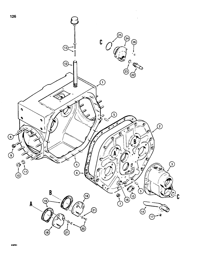 Схема запчастей Case 850C - (126) - TRANSMISSION, CASE, FRONT COVERS, AND DIPSTICK (03) - TRANSMISSION