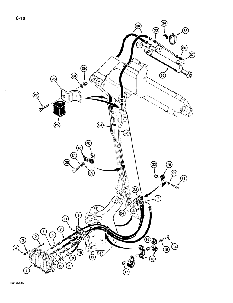 Схема запчастей Case 26D - (8-18) - BUCKETCYL. HYD. CIRCUIT, MODELS W/ EXTENDABLE DIPPER USES TUBES (ITEMS 23 & 24) W/ 90 DEGREE BEND 