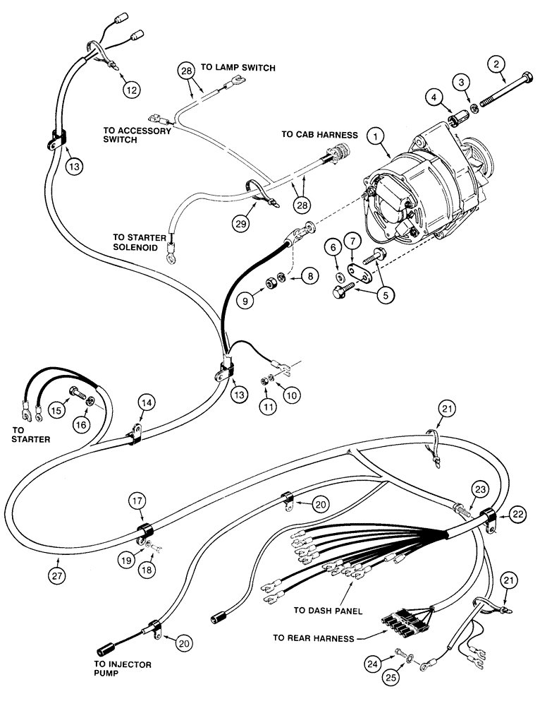 Схема запчастей Case 855E - (4-14) - FRONT WIRING HARNESS AND ALTERNATOR MOUNTING (04) - ELECTRICAL SYSTEMS