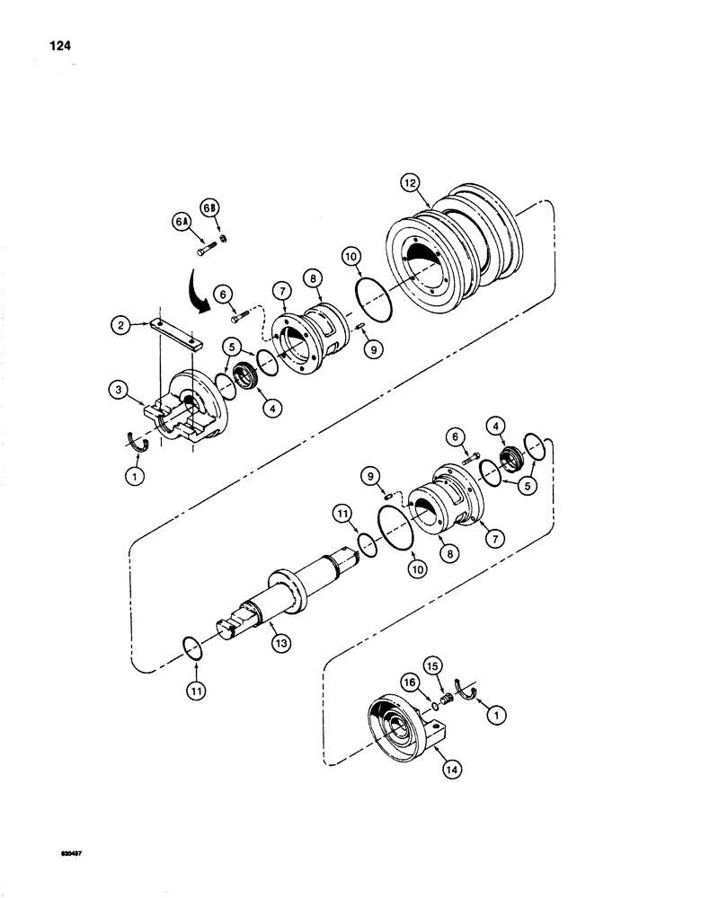 Схема запчастей Case 1280 - (124) - DOUBLE FLANGE TRACK ROLLER, TYPE B (04) - UNDERCARRIAGE