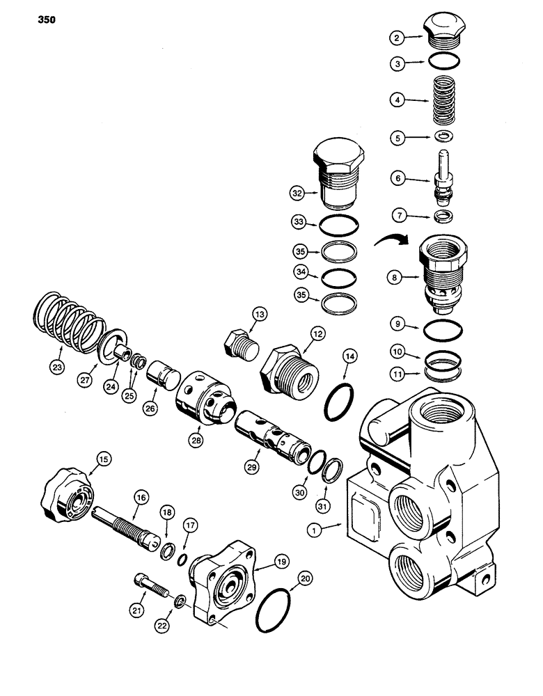 Схема запчастей Case 480D - (350) - THREE-POINT HITCH CONTROL VALVE, INLET-OUTLET SECTION (35) - HYDRAULIC SYSTEMS