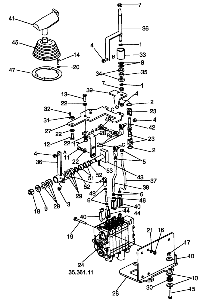 Схема запчастей Case 650L - (35.355.02) - CONTROLS - LEVER AND LINKAGE, THREE SPOOL VALVE (35) - HYDRAULIC SYSTEMS