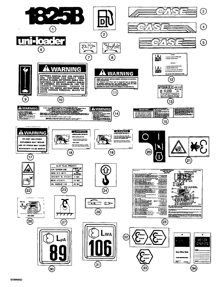 Схема запчастей Case 1825B - (9-36) - DECALS, ENGLISH, EUROPE (09) - CHASSIS/ATTACHMENTS