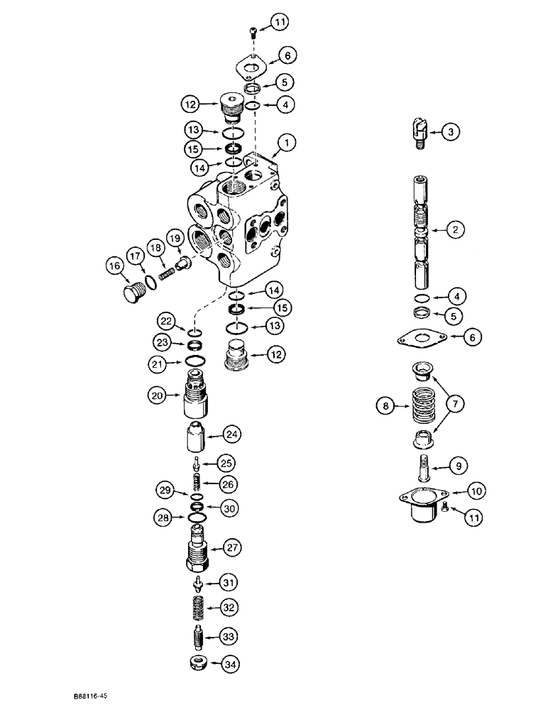 Схема запчастей Case 580SK - (8-106) - THREE-POINT HITCH CONTROL VALVE, INLET-OUTLET AND IMPLEMENT SECTION (08) - HYDRAULICS