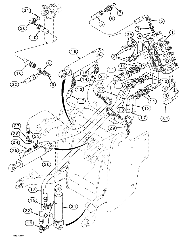 Схема запчастей Case 570LXT - (8-057G) - THREE-POINT HITCH CYLINDER HYDRAULIC CIRCUIT, RETURN LINE AT BOTTOM OF HITCH VALVE (08) - HYDRAULICS