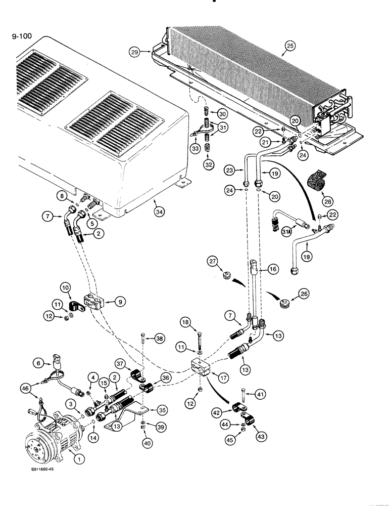 Схема запчастей Case 821 - (9-100) - AIR CONDITIONING SYSTEM, COMPRESSOR TO CONDENSER & EVAPORATOR CORE (09) - CHASSIS/ATTACHMENTS