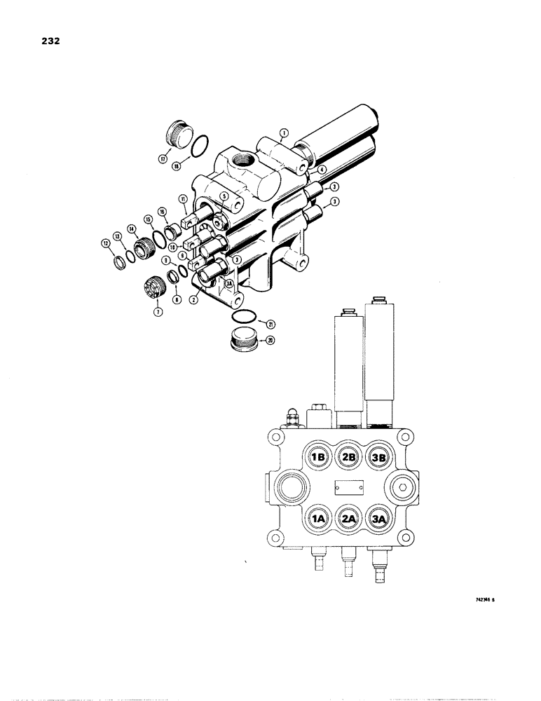 Схема запчастей Case W24B - (232) - LOADER CONTROL VALVE (3 SPOOL) (08) - HYDRAULICS