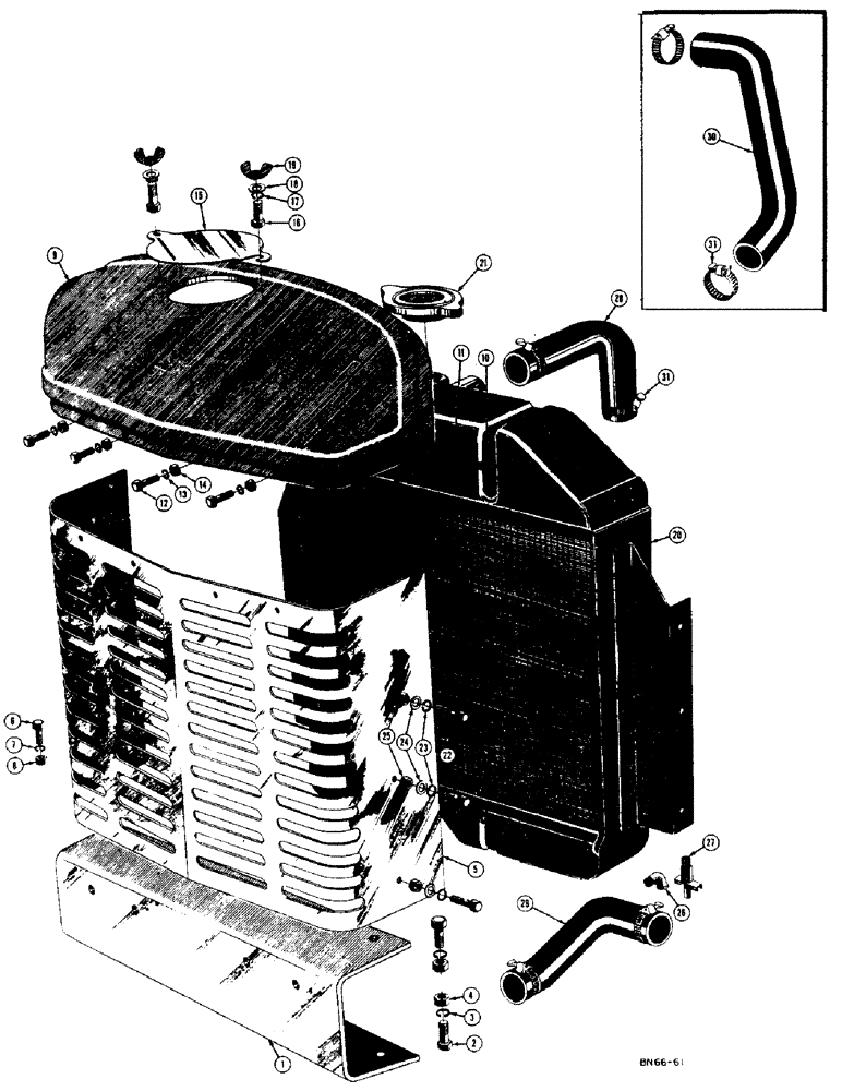 Схема запчастей Case 500 - (076) - RADIATOR, GRILLE, GRILLE CAP, AND BUMPER, (USED UP TO S/N 6-1-55) (05) - UPPERSTRUCTURE CHASSIS