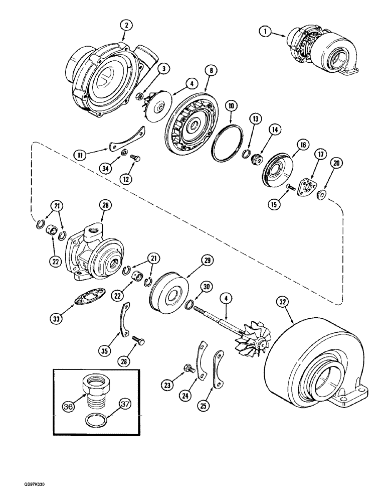 Схема запчастей Case 888 - (2-34) - TURBOCHARGER, 6T-590 DIESEL ENGINE (02) - ENGINE