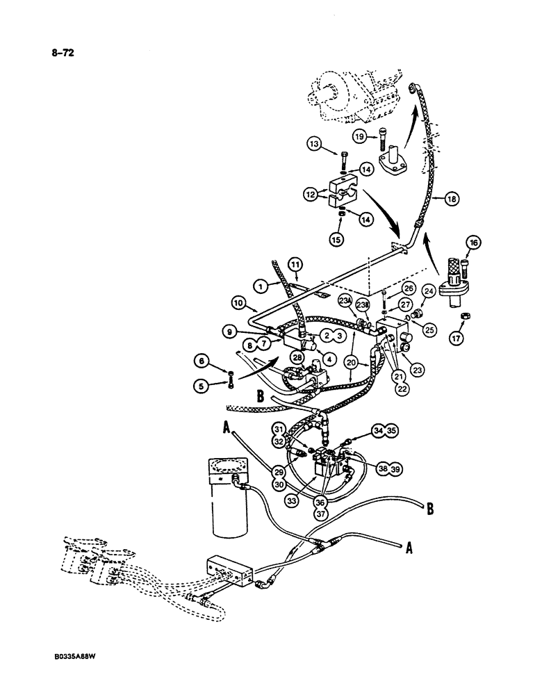 Схема запчастей Case 125B - (8-072) - HYDRAULIC CIRCUIT FOR PILOT CONTROLS, P.I.N. 74301 THROUGH 74630 (08) - HYDRAULICS