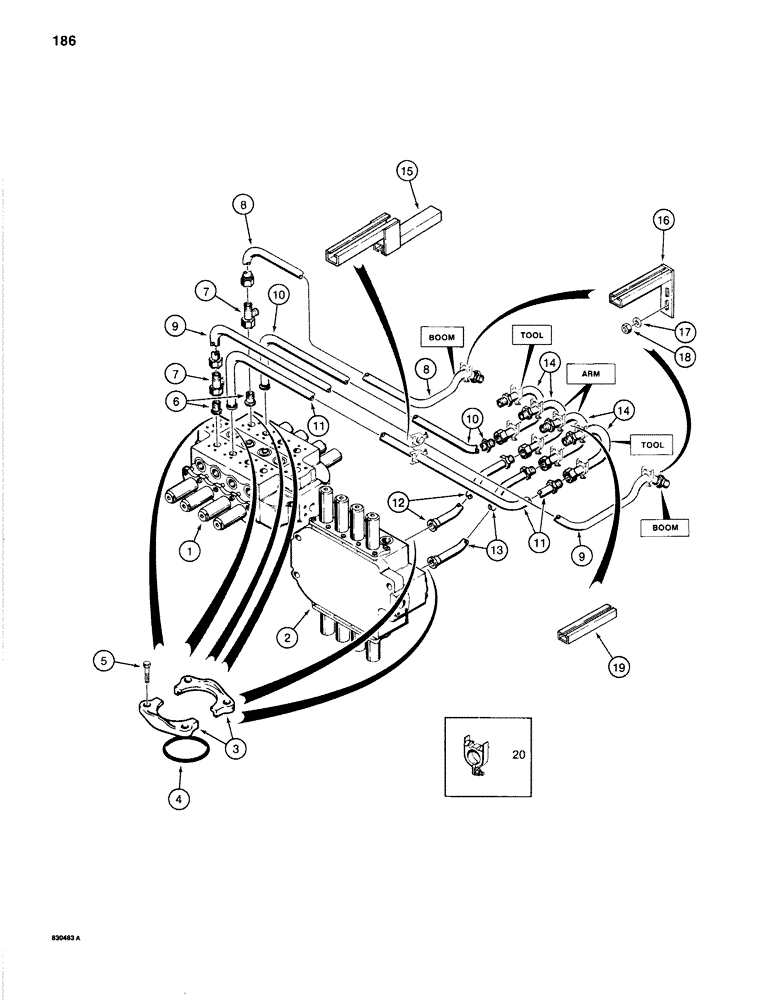 Схема запчастей Case 1280B - (186) - BOOM, ARM, AND TOOL CIRCUITS, TUBES FROM VALVES (08) - HYDRAULICS