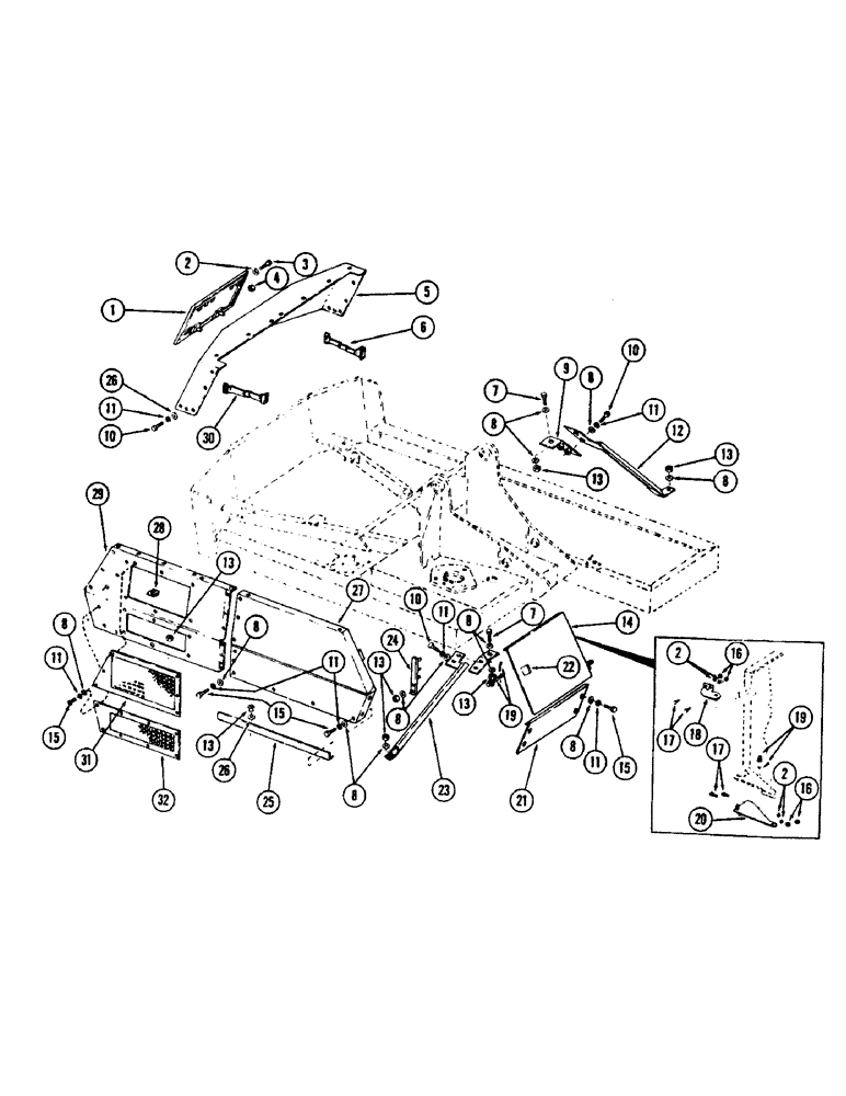 Схема запчастей Case 50 - (098) - TURNTABLE SHROUDING AND RELATED PARTS, (RIGHT SIDE AND REAR) (USED ON UNITS W/ SN. 6279926-6280344) (90) - PLATFORM, CAB, BODYWORK AND DECALS