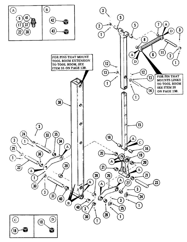 Схема запчастей Case 40 - (132) - "Y" TOOL BOOM EXTENSION, LINKS AND PINS (84) - BOOMS, DIPPERS & BUCKETS