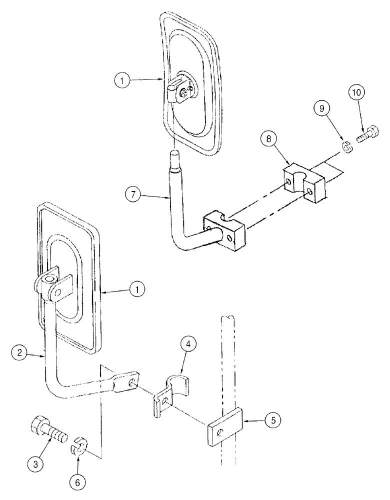 Схема запчастей Case 9050B - (9-104) - REAR VIEW MIRROR FOR CAB, MODELS W/ ONE MOUNTING HOLE IN ARM, MODELS W/ TWO MOUNTING HOLES IN ARM (09) - CHASSIS/ATTACHMENTS