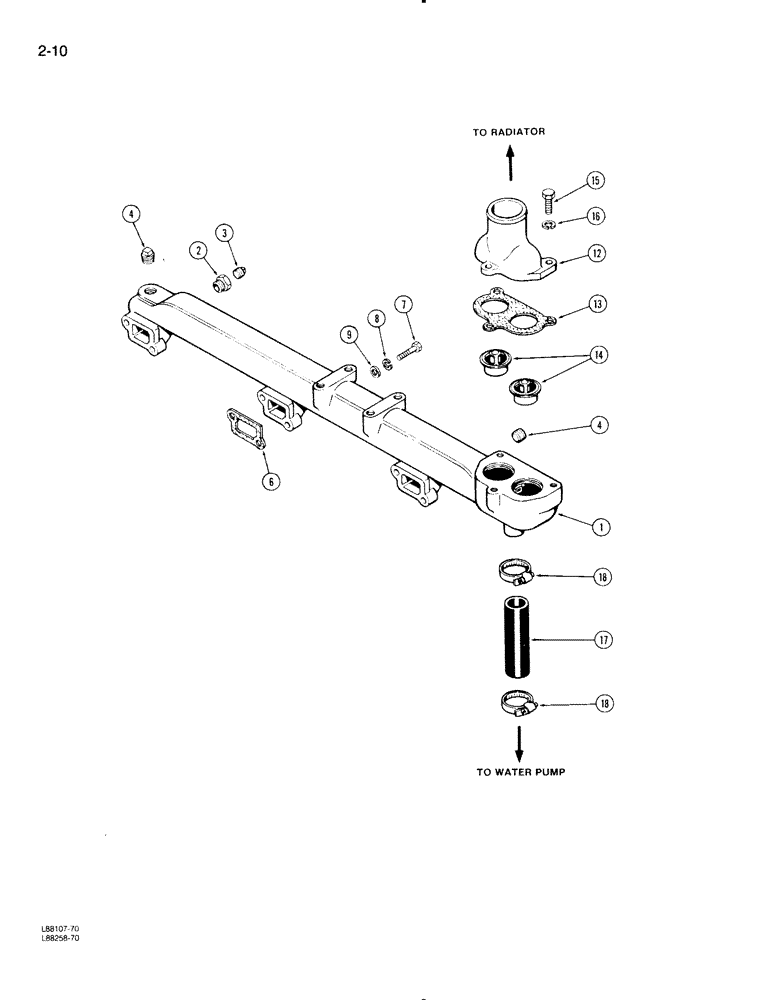 Схема запчастей Case 1455B - (2-10) - WATER MANIFOLD AND THERMOSTAT, 504BDT DIESEL ENGINE (02) - ENGINE