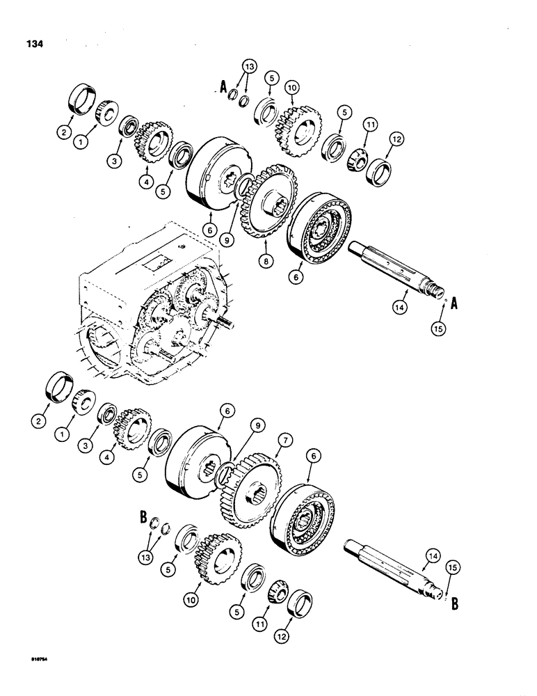 Схема запчастей Case 850C - (134) - TRANSMISSION HIGH-LOW CLUTCHES AND SHAFTS (03) - TRANSMISSION