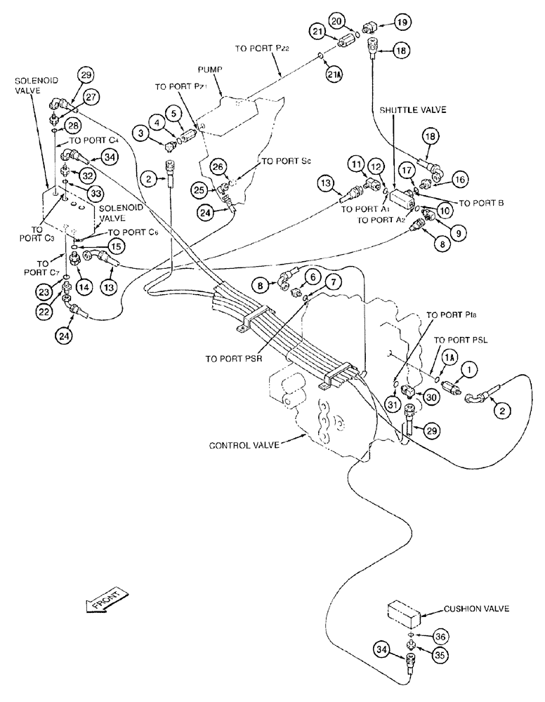 Схема запчастей Case 9050B - (8-036) - CONTROL SIGNAL LINES, PUMP REGULATOR LINES, CUSHION VALVE CONTROL LINES (08) - HYDRAULICS