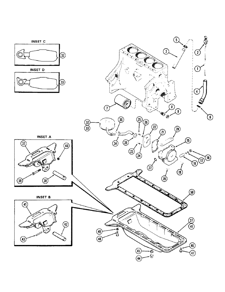 Схема запчастей Case 580 - (046) - OIL PUMP - OIL FILTER - OIL PAN, (159) SPARK IGNITION ENG. CAST IRON OIL PAN 1ST USED ENG. S/N. 2639 (10) - ENGINE