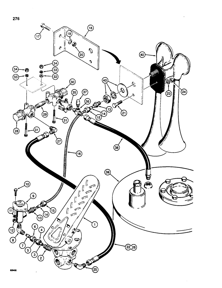 Схема запчастей Case W20 - (276) - BRAKE SYSTEM, TREADLE TO HYDRAULIC RESERVOIR AND HORN (07) - BRAKES