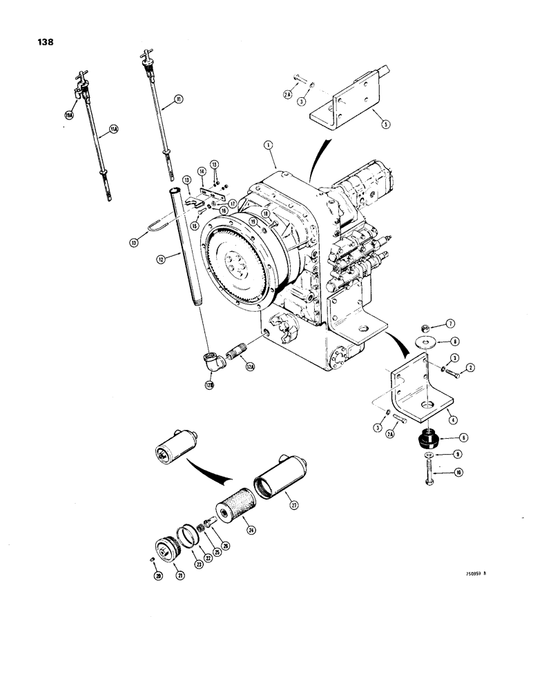 Схема запчастей Case W24B - (138) - TRANSMISSION MOUNTING PARTS, DIPSTICK AND OIL FILTER, DIPSTICK AND RELATED PARTS (06) - POWER TRAIN