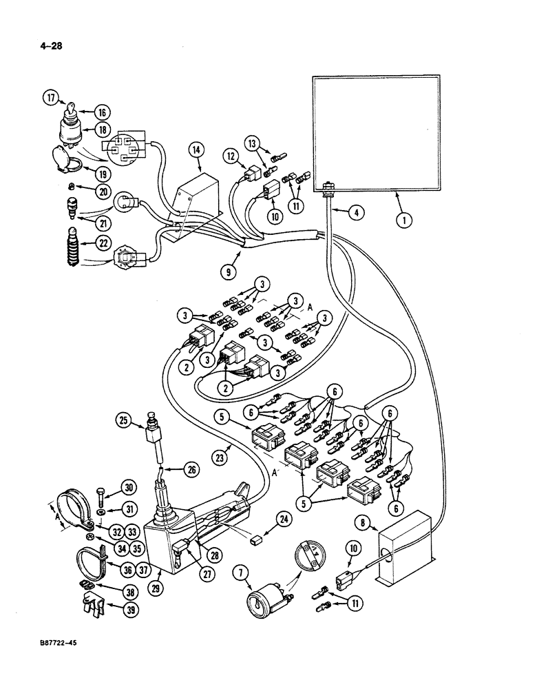 Схема запчастей Case 125B - (4-28) - CAB ELECTRICAL HARNESS, P.I.N. 74631 THRU 74770, 74772, 74774 AND 74776 (04) - ELECTRICAL SYSTEMS