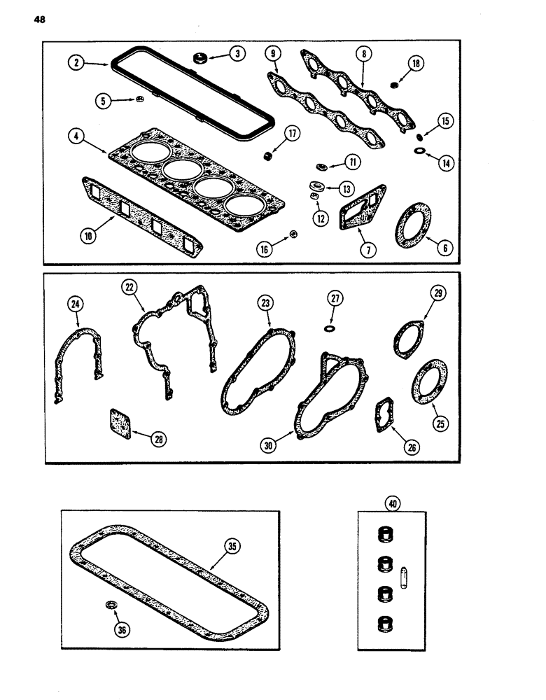 Схема запчастей Case 480D - (048) - ENGINE GASKET KITS, 188 DIESEL ENGINE/VALVE GRIND KIT/CYLINDER BLOCK KIT/OIL PAN KIT (10) - ENGINE