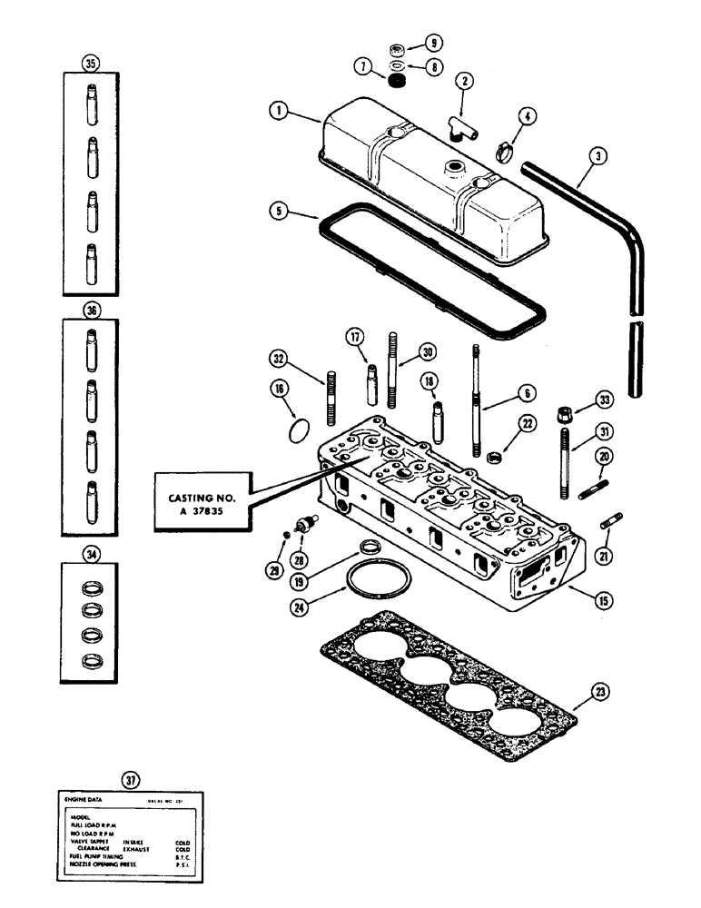 Схема запчастей Case 1700-SERIES - (037A) - CYLINDER HEAD AND COVER, 188 DIESEL ENGINE, USED W/ CYL. HEAD STUDS USED PRIOR TO ENG. S/N 2711005 (10) - ENGINE