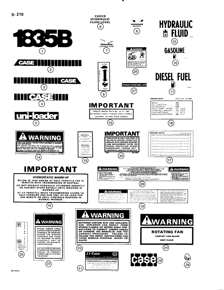 Схема запчастей Case 1835B - (9-216) - DECALS, USED ON MODELS WITH BLACK AND YELLOW COLOR SCHEME (09) - CHASSIS/ATTACHMENTS