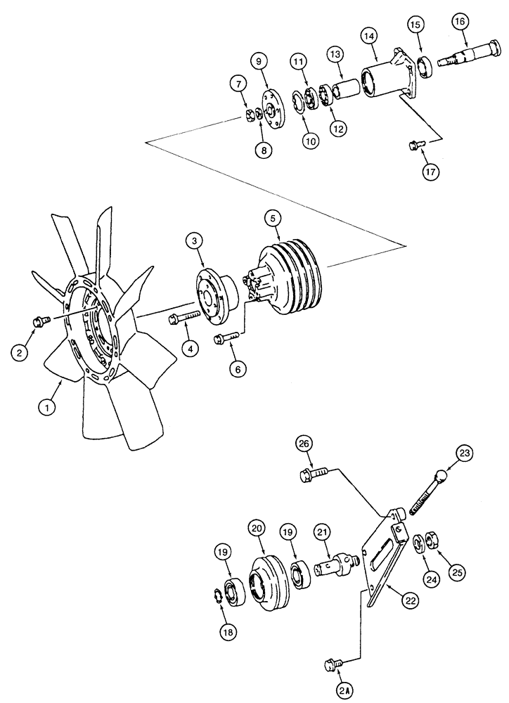 Схема запчастей Case 9050B - (2-16) - FAN, FAN DRIVE AND IDLER PULLEY, 6D22-T ENGINE (02) - ENGINE