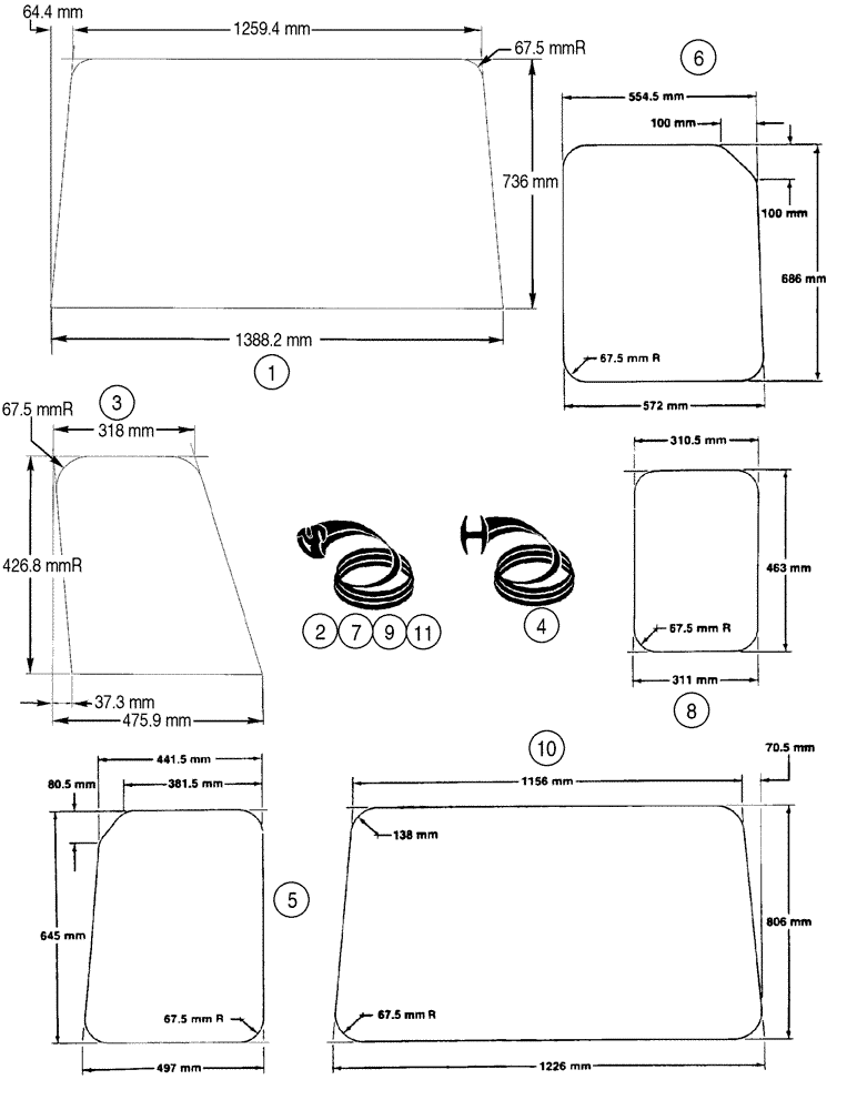 Схема запчастей Case 1150H - (09-29) - CAB - GLASS (09) - CHASSIS