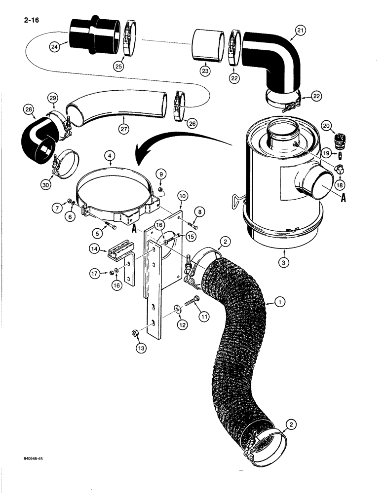 Схема запчастей Case 1080B - (2-16) - AIR CLEANER AND AIR INTAKE MOUNTING, USED ON MODELS WITH CASE ENGINE (02) - ENGINE