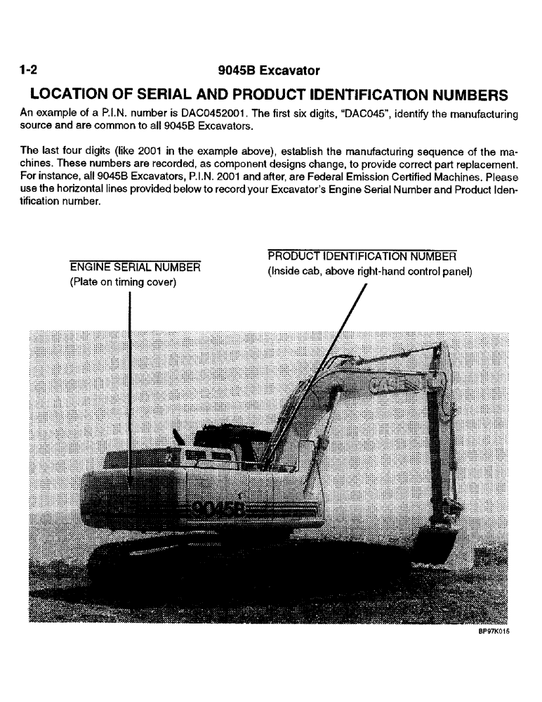 Схема запчастей Case 9045B - (1-2) - LOCATION OF SERIAL AND PRODUCT IDENTIFICATION NUMBERS (00) - PICTORIAL INDEX
