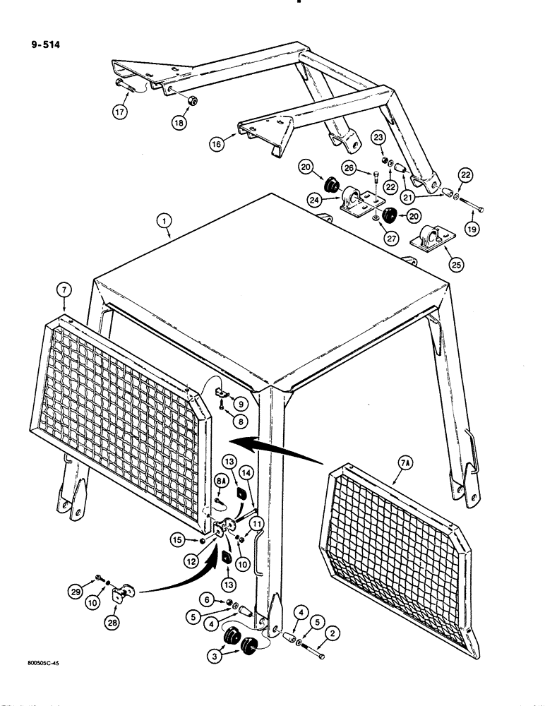 Схема запчастей Case 1450B - (9-514) - ROLL OVER PROTECTIVE STRUCTURE, CANOPY AND BRUSH GUARDS (09) - CHASSIS/ATTACHMENTS