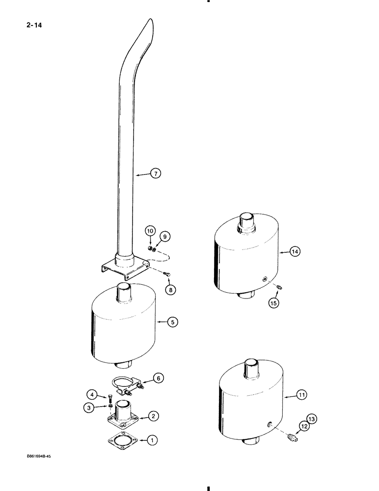 Схема запчастей Case 580K - (2-014) - MUFFLER AND EXHAUST SYSTEM, MODELS WITHOUT TURBOCHARGED ENGINE (02) - ENGINE