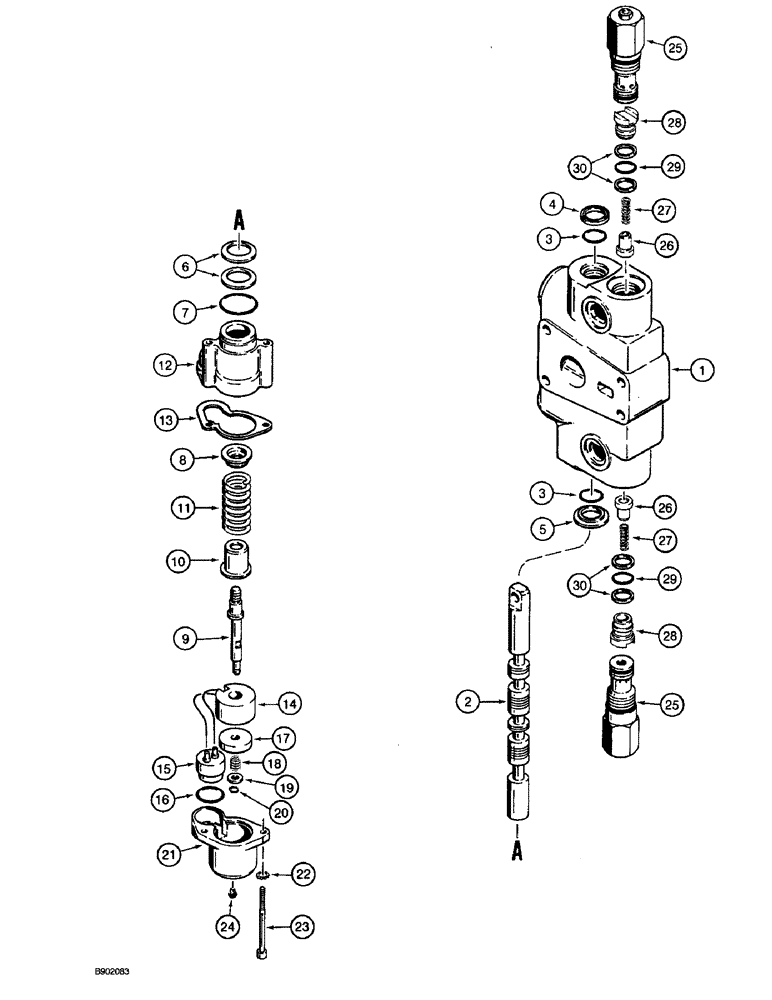 Схема запчастей Case 590 - (8-064) - LOADER CONTROL VALVE, BUCKET SECTION - WITH MAGNETIC DETENT, AND CIRCUIT RELIEF VALVE (08) - HYDRAULICS