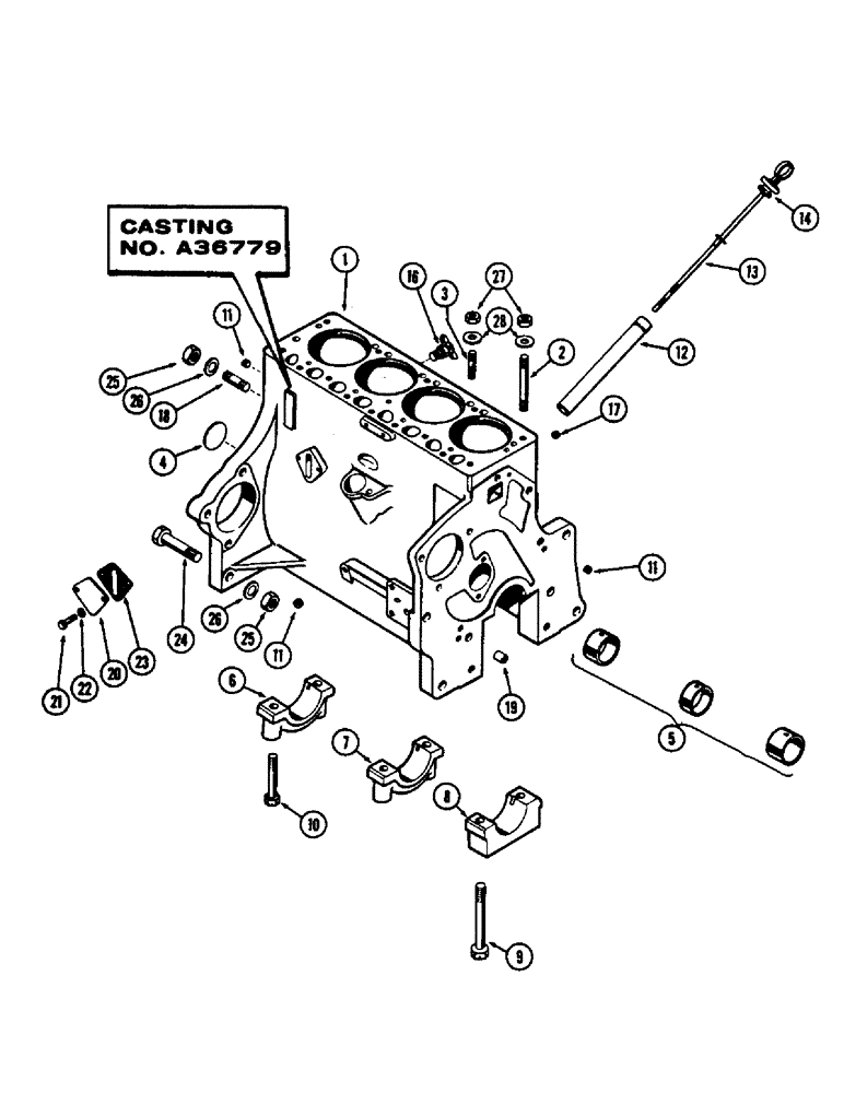 Схема запчастей Case 430CK - (009A) - CYLINDER BLOCK ASSY., (148B) SPARK IGNITION ENG., CASTING NO. A36779, W/ BRACKET MOUNTED OIL FILTER 