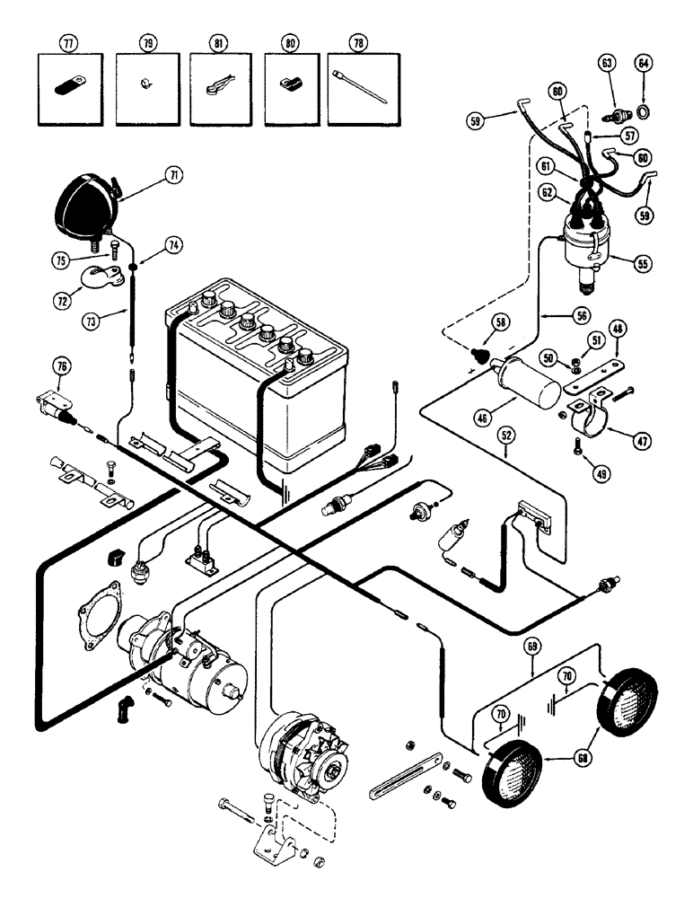 Схема запчастей Case 580 - (065A) - ELEC. EQUIPMENT & WIRING, (159) SPARK IGNITION ENG. USED W/ALTERNATOR, 1ST USED TRAC. S/N. 8656686 (55) - ELECTRICAL SYSTEMS