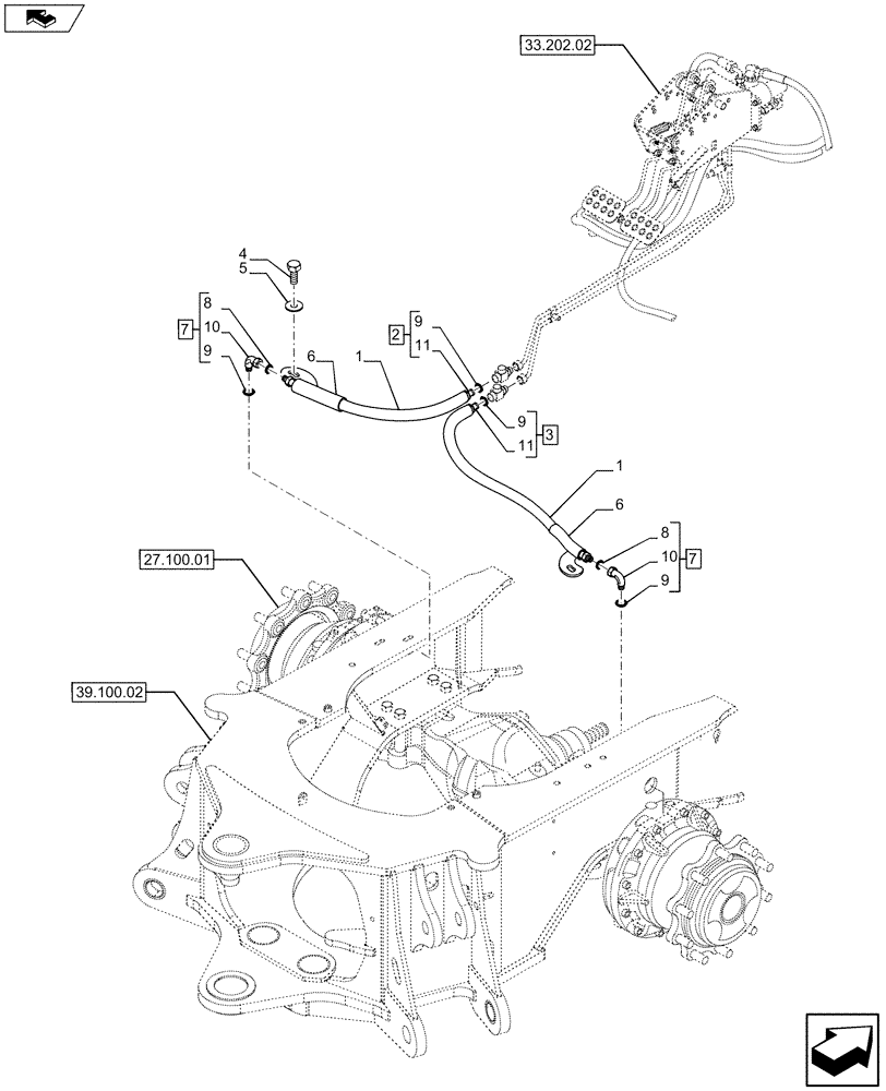 Схема запчастей Case 580SN WT - (33.202.12) - BRAKE LINE, REAR AXLE (33) - BRAKES & CONTROLS