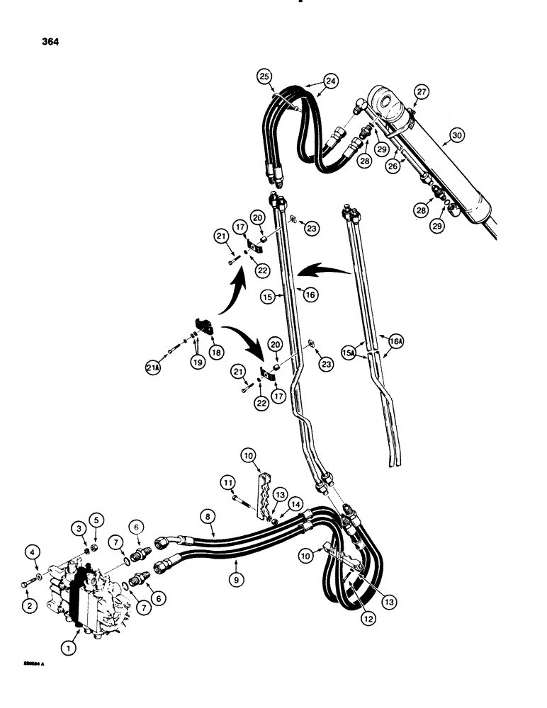 Схема запчастей Case 580E - (364) - BACKHOE BUCKET CYL HYD CIRCUIT,MODEL W/O EXTENDABLE DIPPER MODEL W/1BOOM MOUNTING PIN AT SWING TOWER (08) - HYDRAULICS